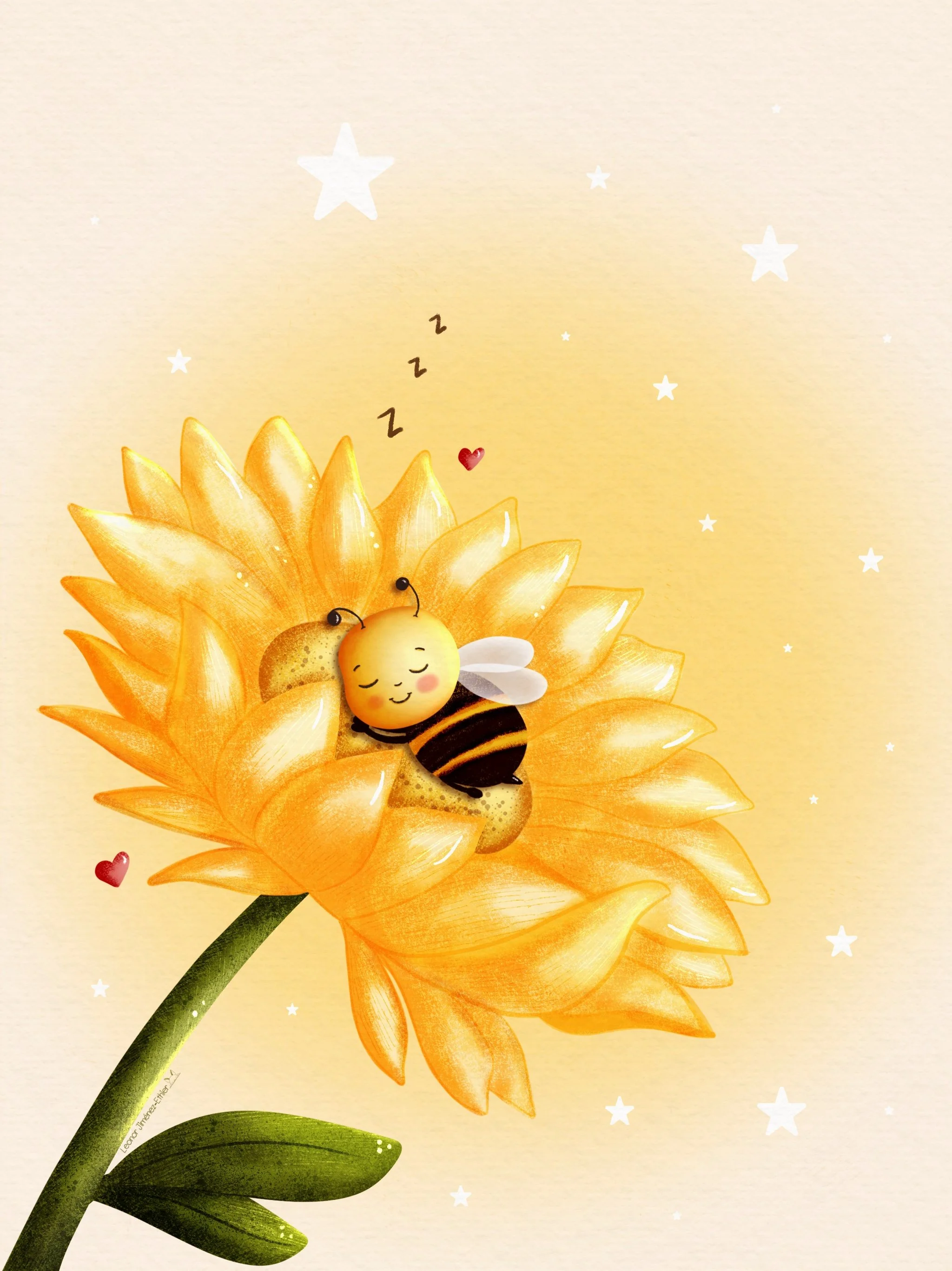 Dreamy Bee – A tiny kawaii bee taking a peaceful nap inside a soft pink flower. Calm, comforting, and ideal for nursery art, spring collections, children’s products, and gentle wellness-themed stationery.