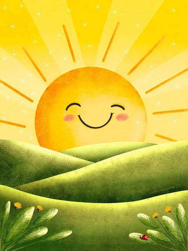 A cozy kawaii sun rising over soft green hills, designed to evoke warmth, calm, and gentle joy. This illustration blends simple shapes with textured details to create a peaceful, feel-good scene ideal for wallpapers and uplifting designs.