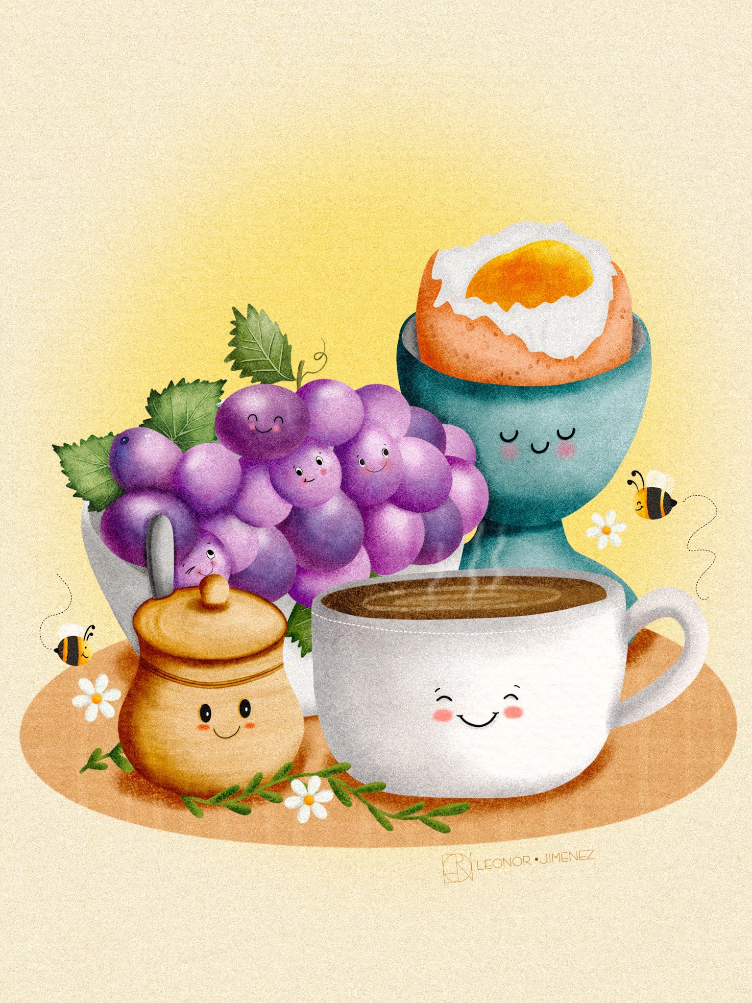 Cozy Breakfast – A sweet kawaii breakfast scene with grapes, a sunny-side egg, warm bread, and a happy cup of coffee. Soft, cheerful, and perfect for kitchen décor, café branding, greeting cards, and wholesome stationery collections.