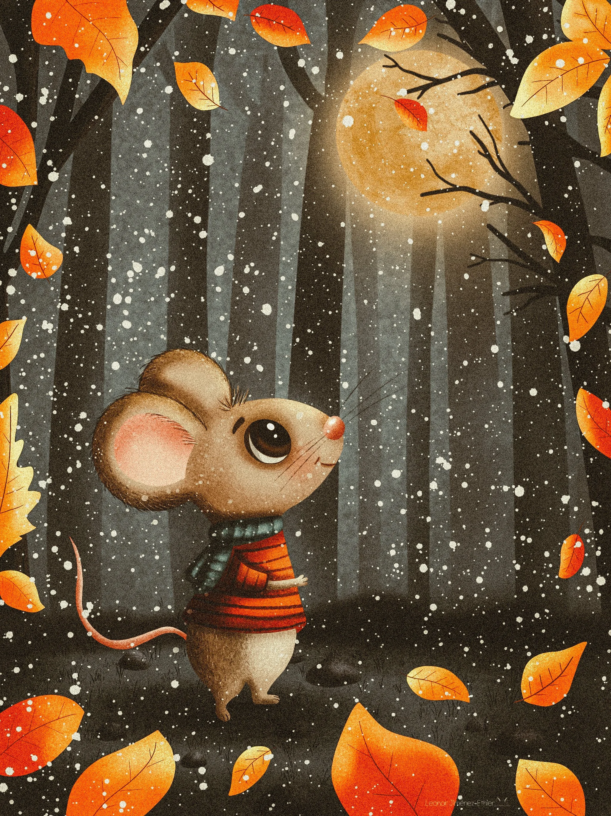 Autumn Mouse – A sweet kawaii mouse bundled up under the soft glow of an autumn night sky, surrounded by warm seasonal leaves. Perfect for fall collections, children’s décor, storybook themes, and heartwarming stationery.