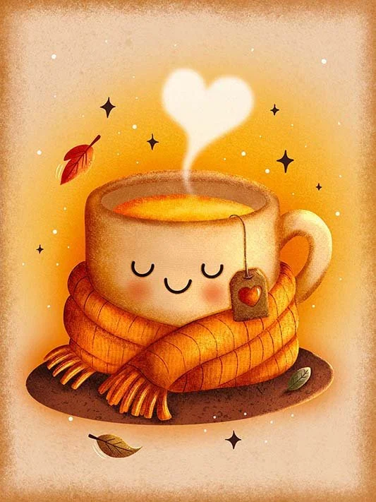 Cozy Cup of Tea – A sweet kawaii cup of tea   scene with autumn leaves falling around, perfect for kitchen décor, teas branding, greeting cards, and wholesome stationery collections.