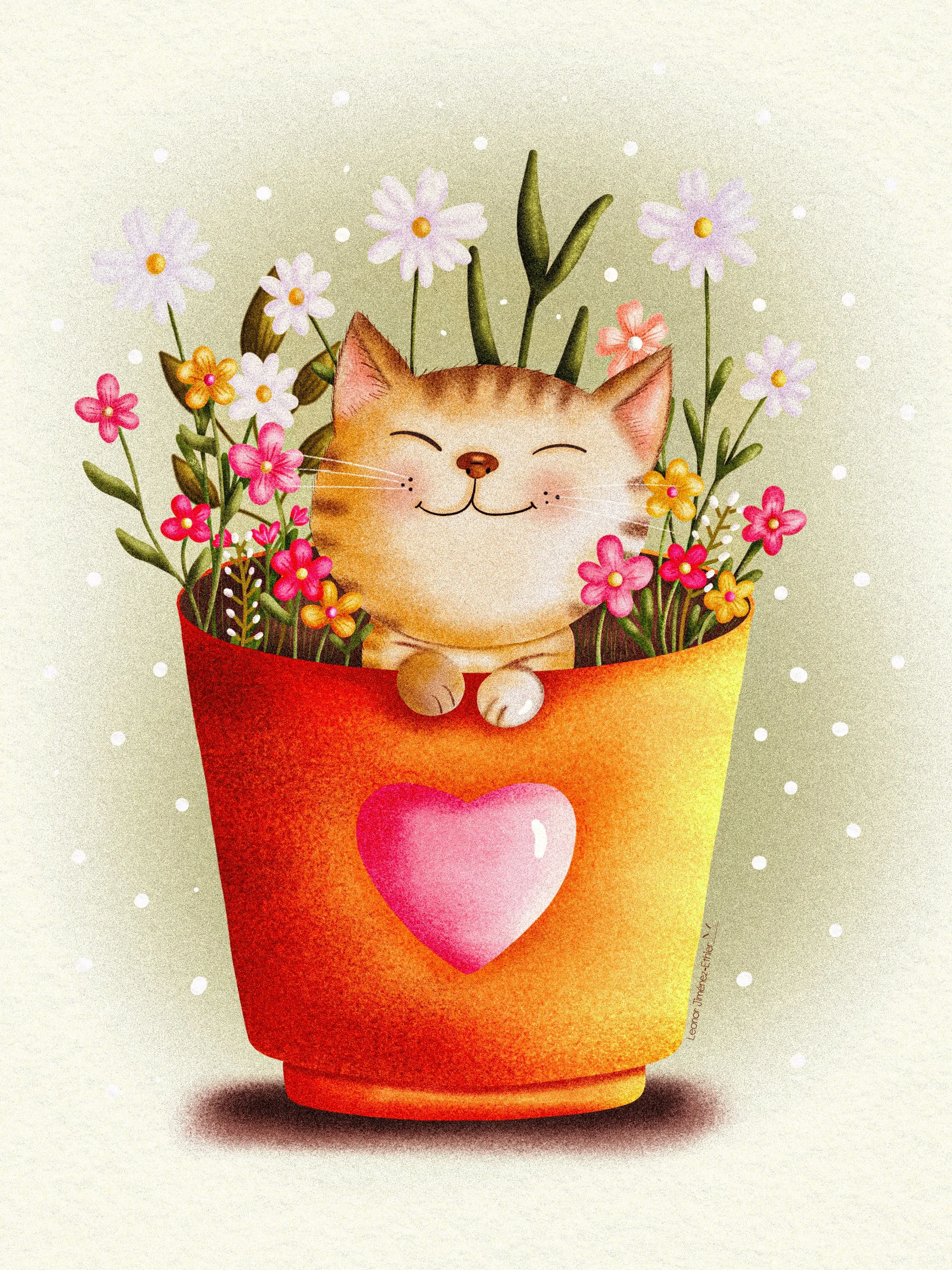 Happy relaxing cat inside a pot full of flowers