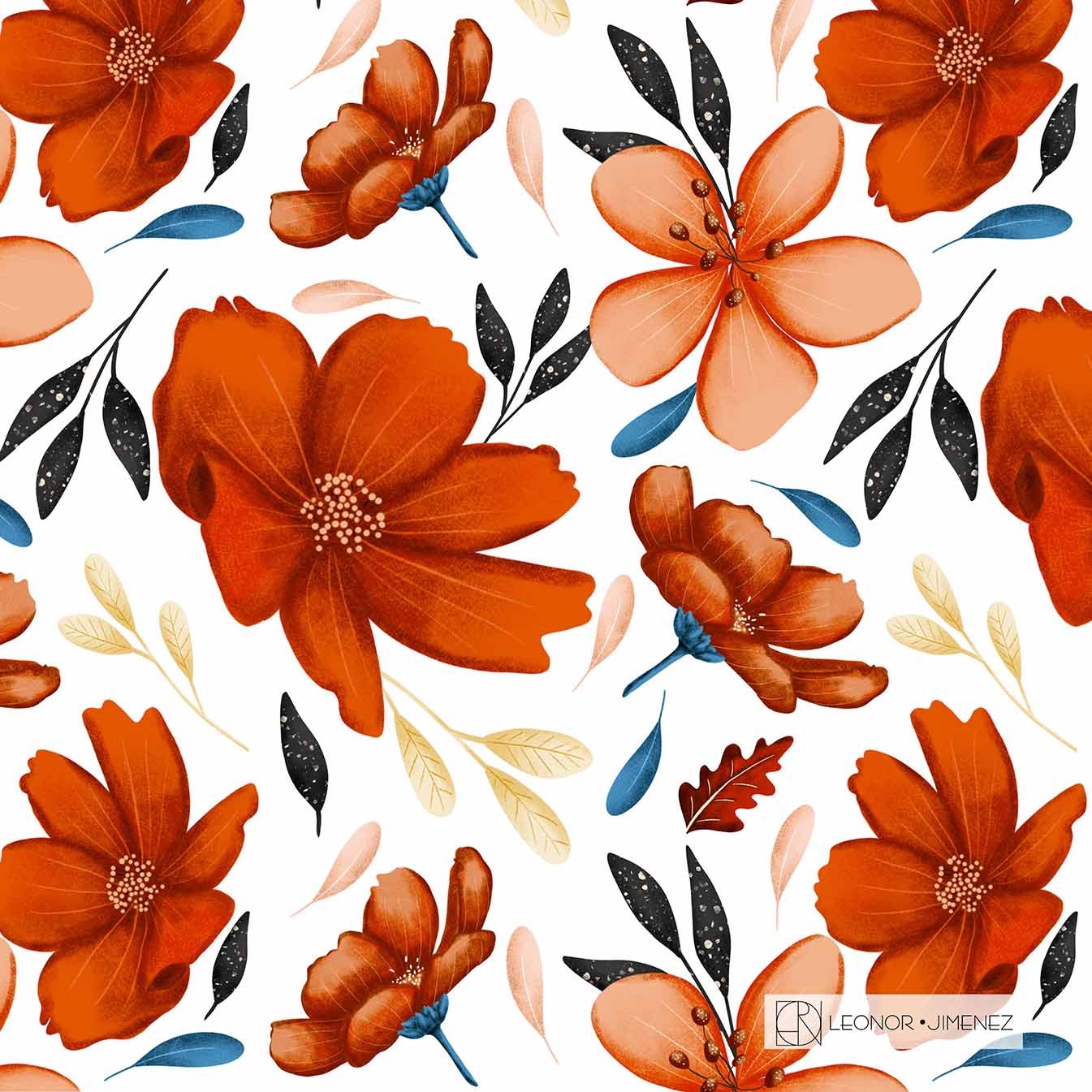Autumn Blooms – A seamless floral pattern featuring warm terracota, orange petals, soft blue accents, and delicate botanical details. Perfect for fall stationery, textiles, gift wrap, and seasonal home décor.