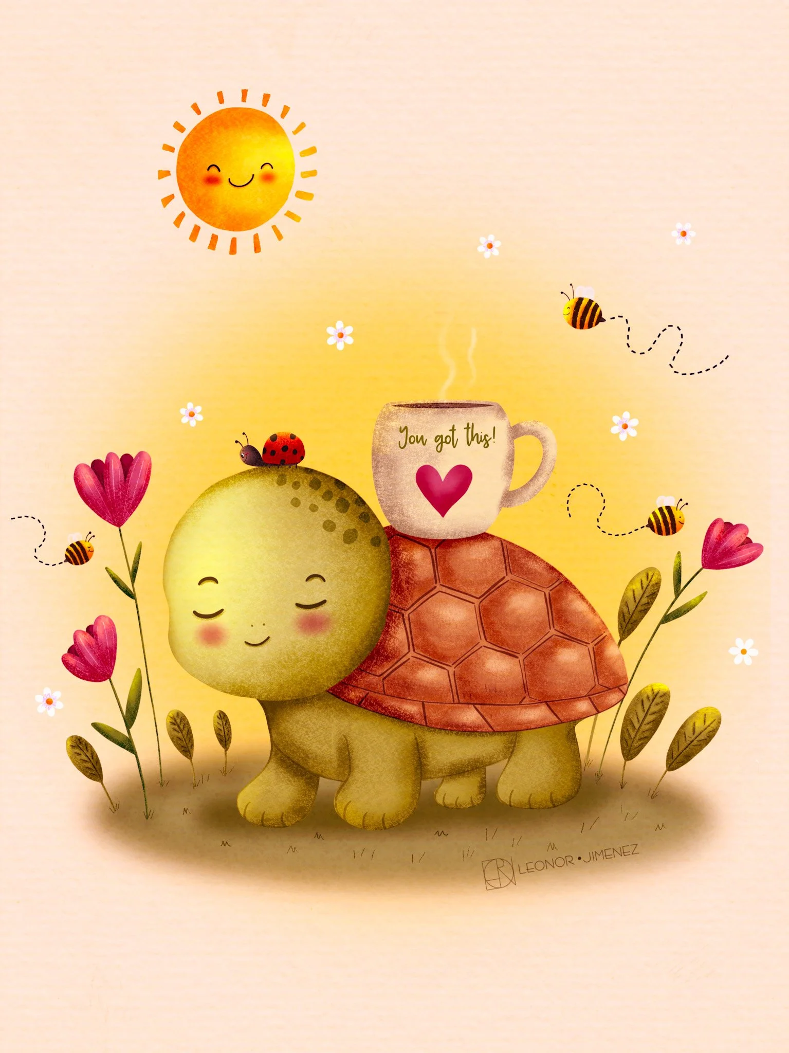 Cozy Turtle – A gentle kawaii turtle enjoying a warm drink surrounded by tiny flowers and uplifting details. Ideal for children's products, greeting cards, wellness-themed art, and joyful stationery collections.