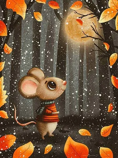 Autumn Mouse – A sweet kawaii mouse bundled up under the soft glow of an autumn night sky, surrounded by warm seasonal leaves. Perfect for fall collections, children’s décor, storybook themes, and heartwarming stationery.