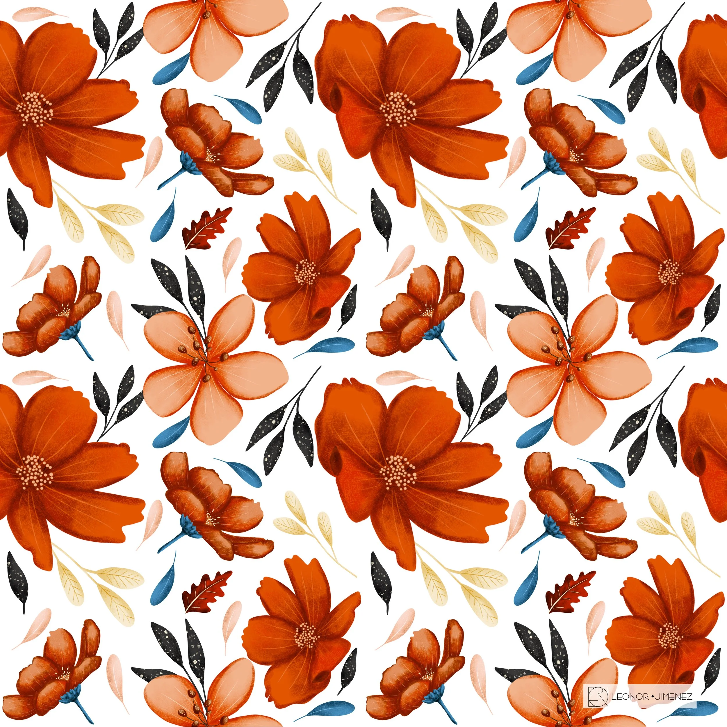 Autumn Blooms – A seamless floral pattern featuring warm orange petals, soft blue accents, and delicate botanical details. Perfect for fall stationery, textiles, gift wrap, and seasonal home décor.