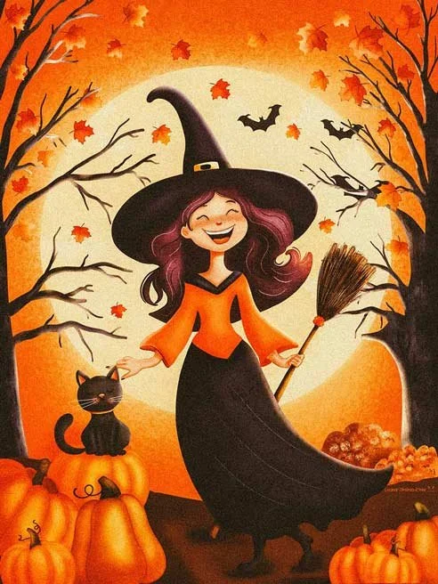 Autumn Witch – A cheerful kawaii witch smiling under the cozy autumn night sky, holding her broom with warm, magical charm. Perfect for Halloween collections, seasonal stationery, children’s books, and whimsical fall-themed products.