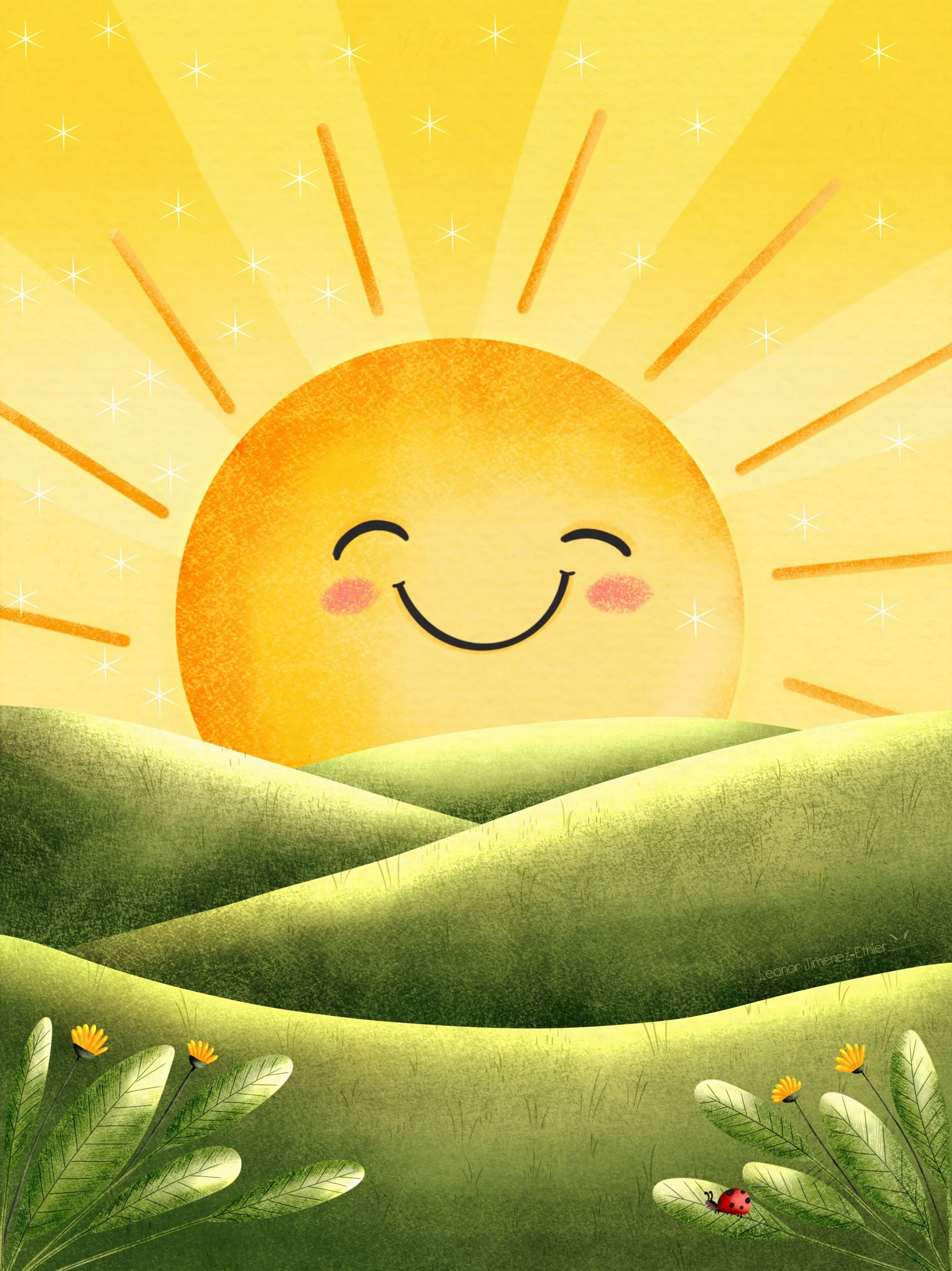 Sunny Hills – Bright kawaii sun rising over soft green hills, with a warm, happy mood. Perfect for prints, stationery, children’s products, and cheerful wall art.