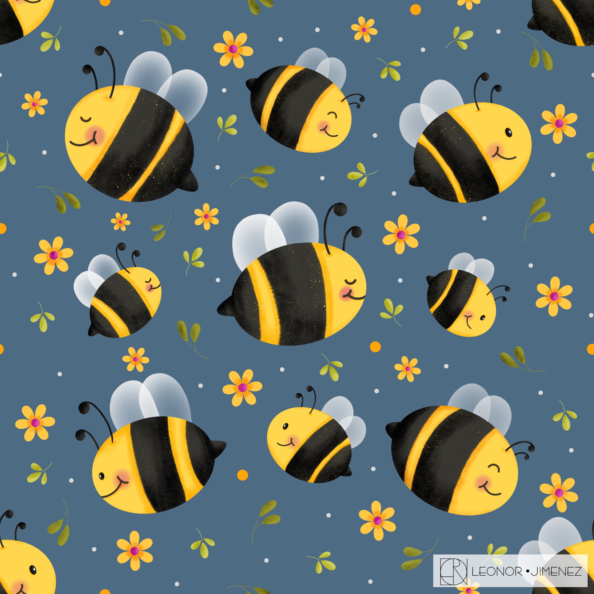 Happy Bees – A cheerful kawaii bee pattern with little flowers and playful movement. Perfect for kids’ products, fabric prints, nursery décor, and joyful spring/summer collections.