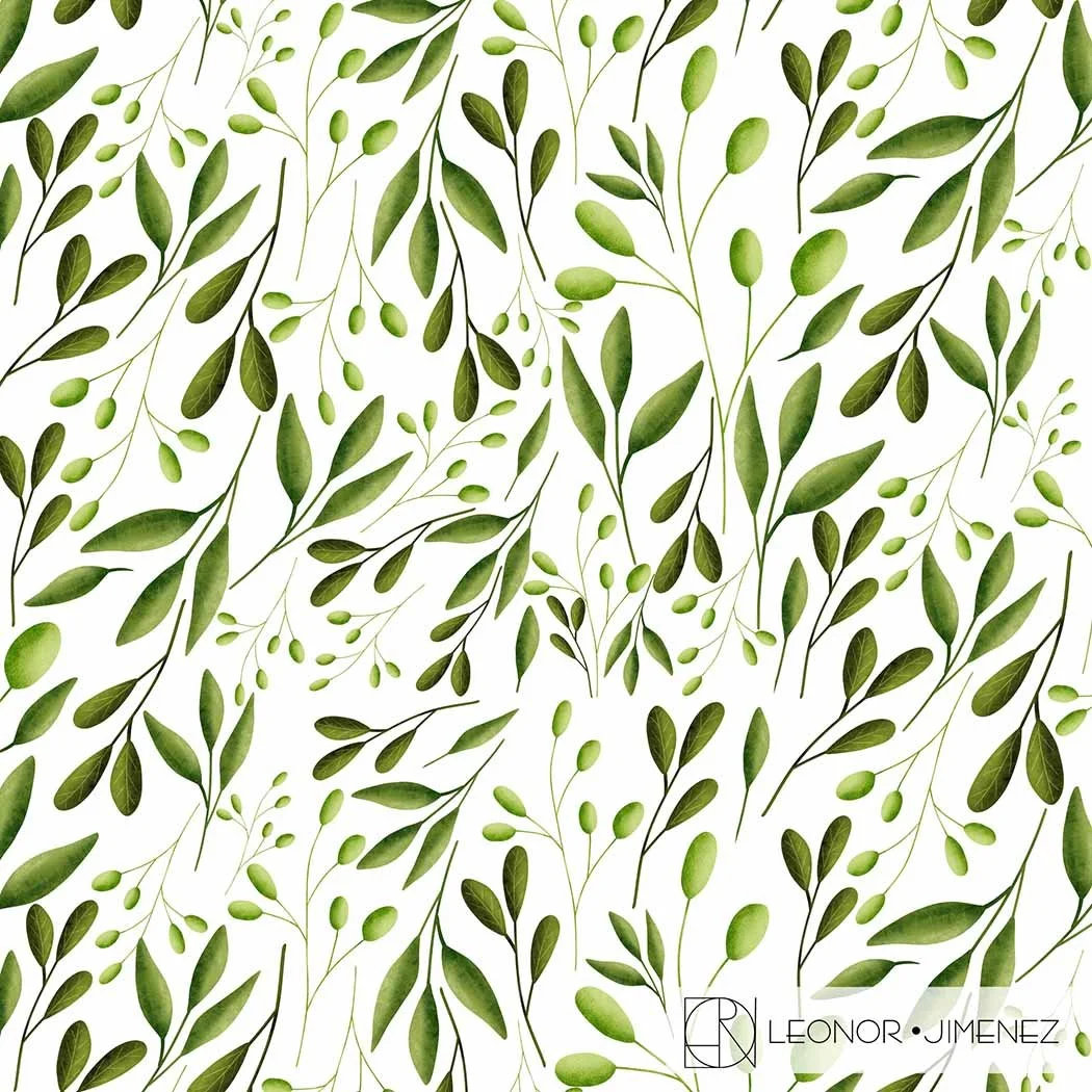 Fresh Leaves – A soft, airy pattern of watercolor-style green leaves. Perfect for spring collections, eco-friendly branding, journals, packaging, and botanical-themed products.