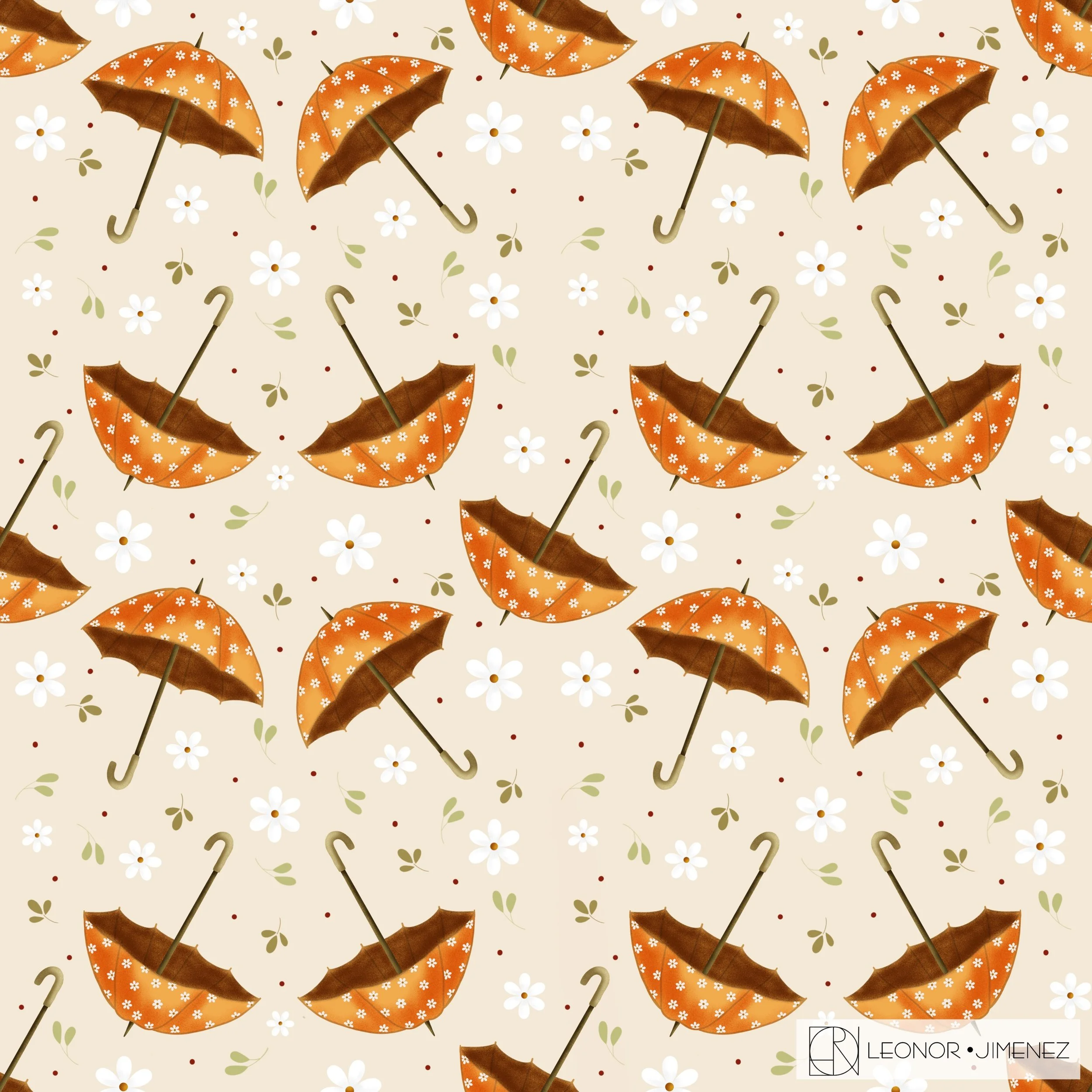 Rainy Day Charm – A cozy pattern of whimsical umbrellas and scattered flowers in warm autumn shades. Ideal for seasonal stationery, gift wrap, fabric, and fall-themed product lines.
