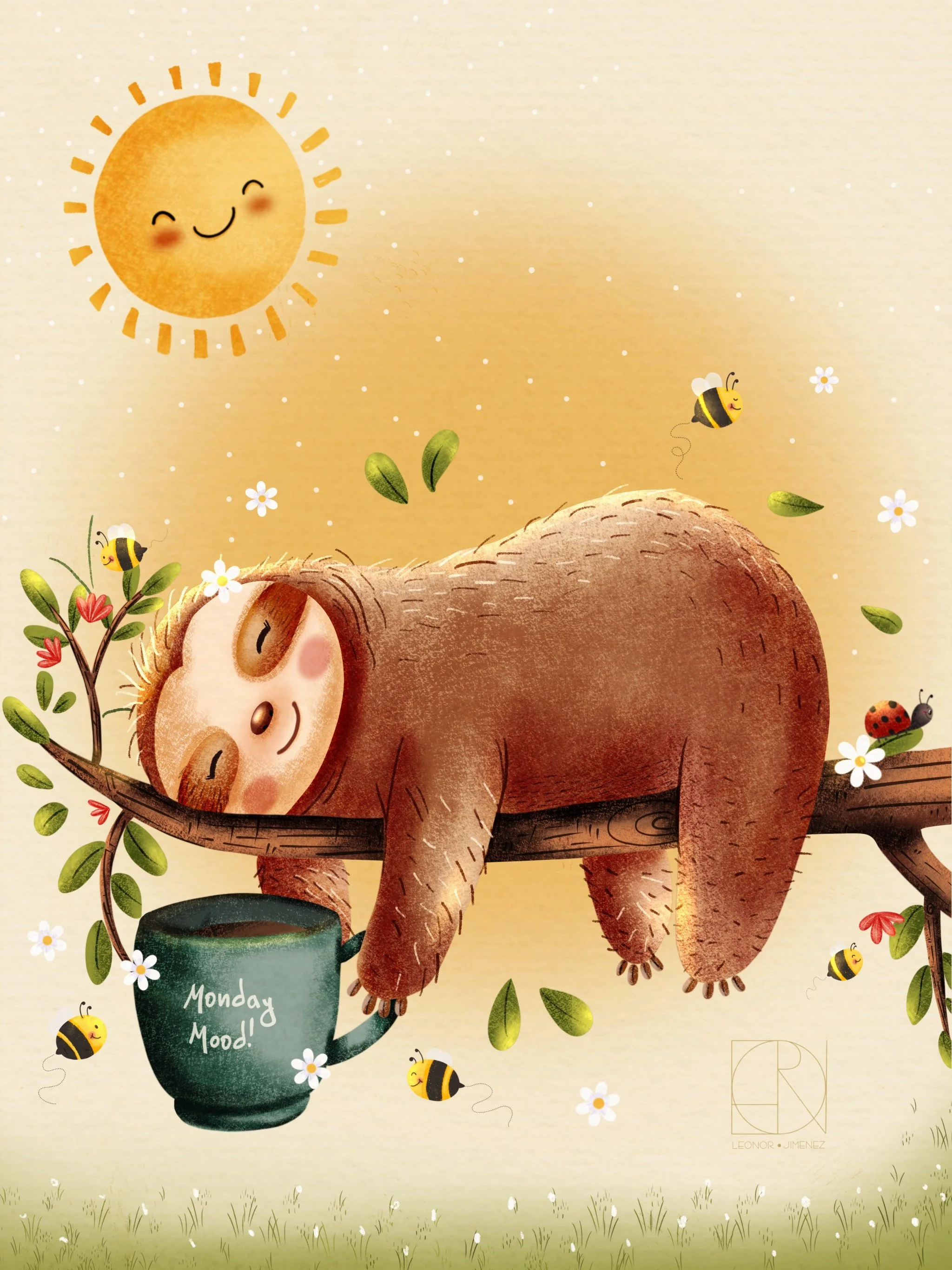 Snuggle Sloth – A cozy kawaii sloth resting peacefully with soft, warm details and gentle charm. Perfect for wellness art, nursery décor, calming product lines, and feel-good stationery collections.