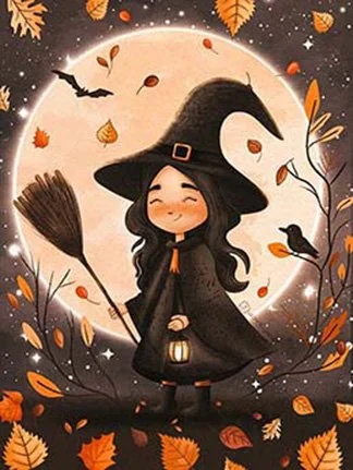 Lantern Witch – A cheerful kawaii witch holding a glowing lantern and broom under the warm autumn sky. Magical, cozy, and perfect for fall collections, Halloween themes, children’s books, and whimsical seasonal stationery.
