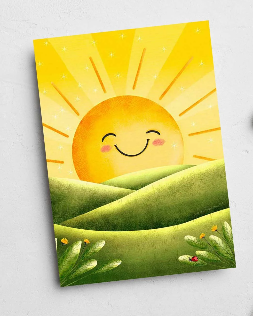 Happy sunrise greeting card. Kawaii illustration.