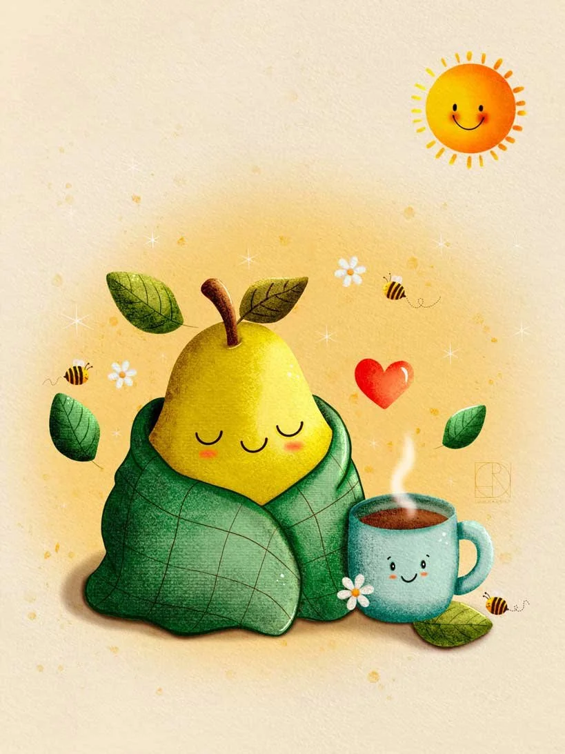 Sweet Pear – A soft kawaii pear sharing a warm moment with its tiny cup of tea. Gentle, uplifting, and perfect for kitchen décor, nursery art, wellness themes, greeting cards, and cozy stationery collections.