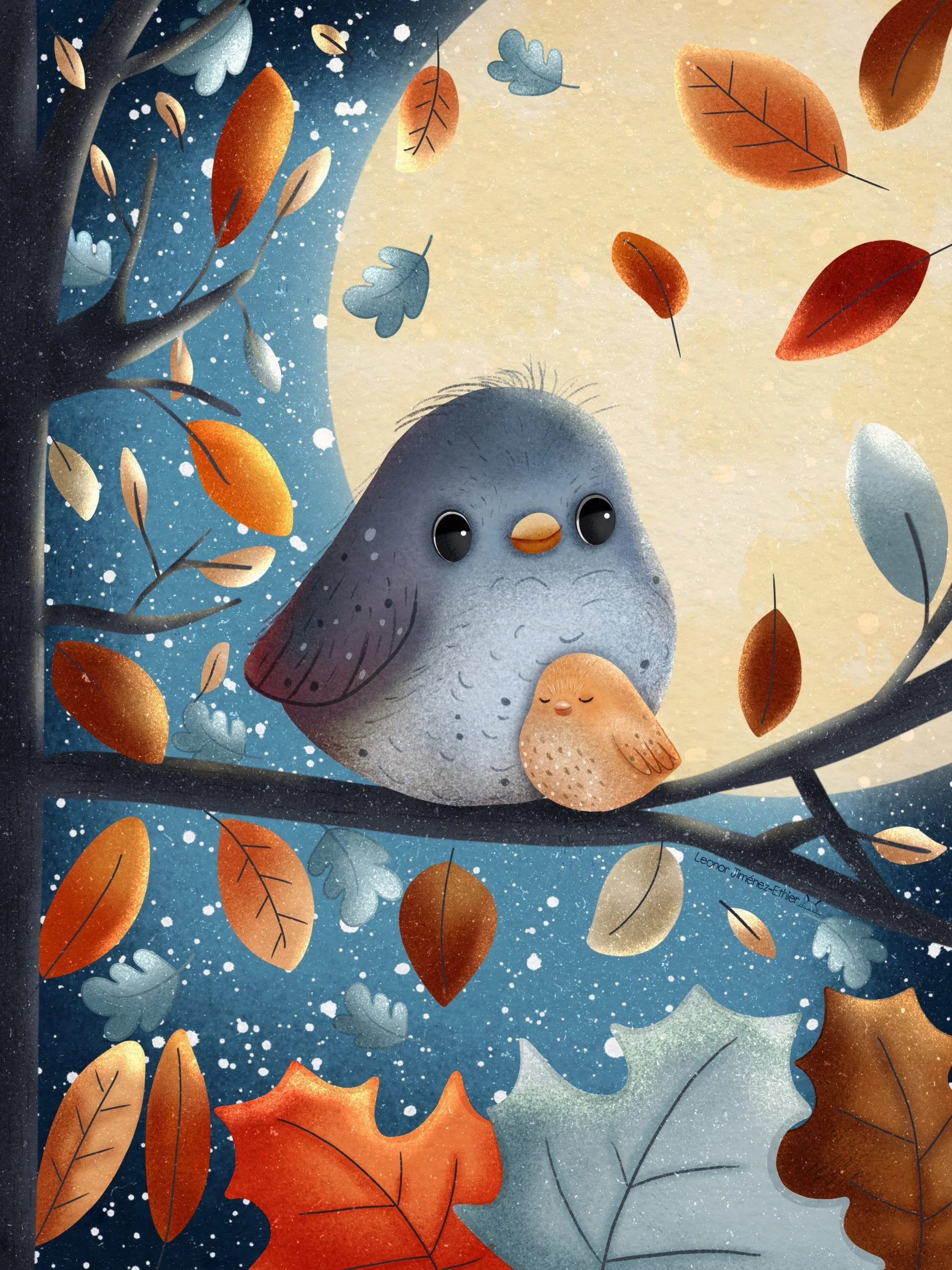 Autumn Birds – Two cozy kawaii birds perched together under a calm autumn night sky, surrounded by warm seasonal leaves. Perfect for fall collections, greeting cards, friendship themes, and heartwarming stationery.