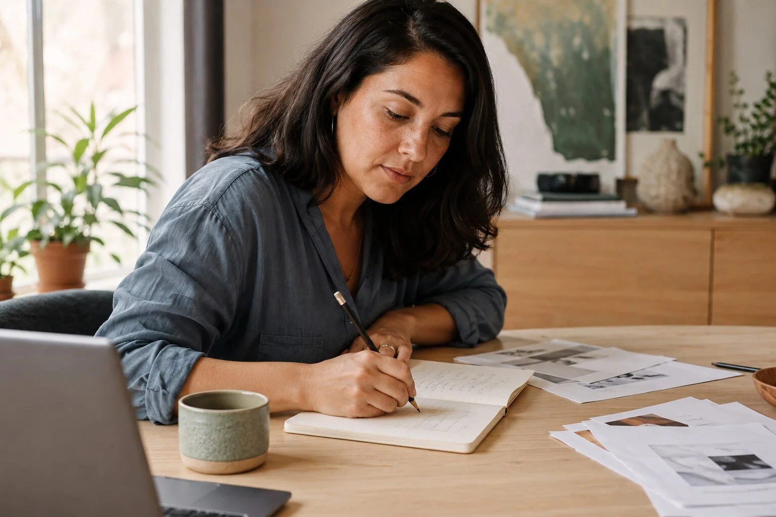 A woman’s hands writing thoughtfully in an open notebook beside printed pages at a warm wood desk.