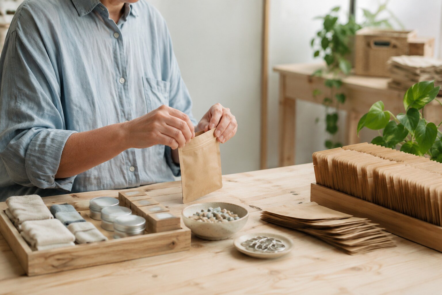 Hands carefully packing small everyday goods into a reusable kraft-paper pouch at an organized worktable.
