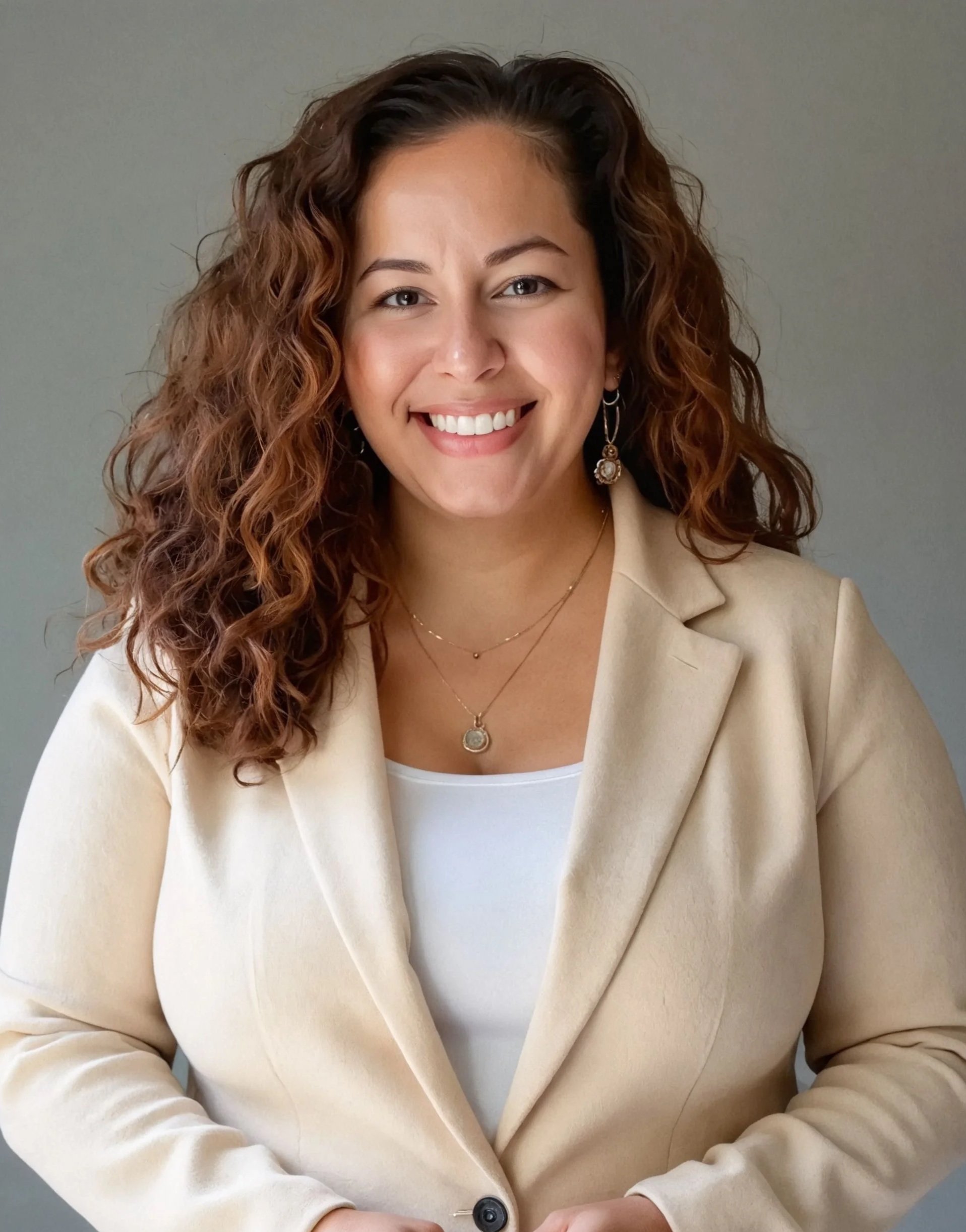 A woman with curly brown hair wearing a beige blazer and jewelry, smiling at the camera.