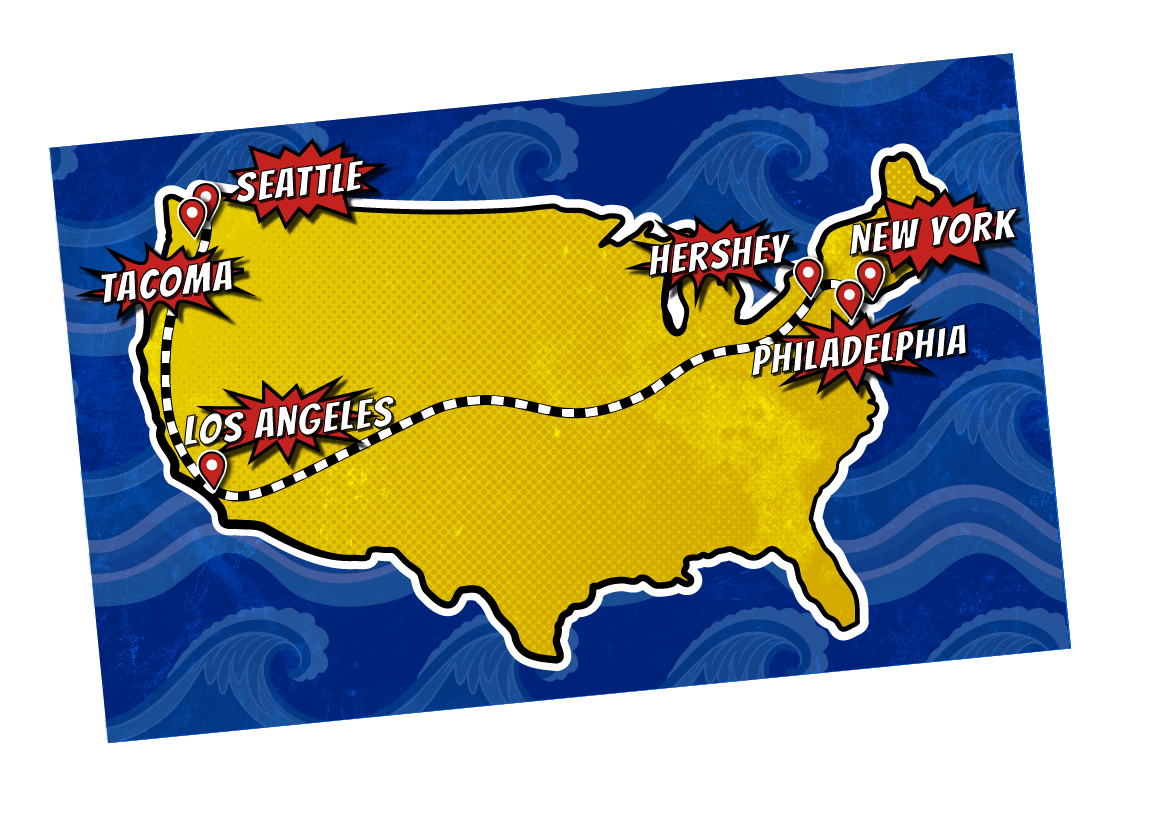 Infographic style map of the US, highlighting all the cities visited for treatment