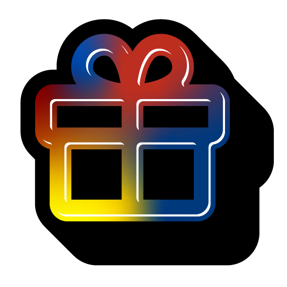 Colorful neon-style gift box with a bow on a black background.