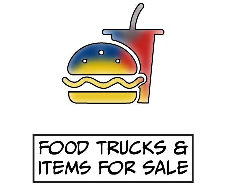 An icon of a burger and drink, with caption stating food trucks & items for sale