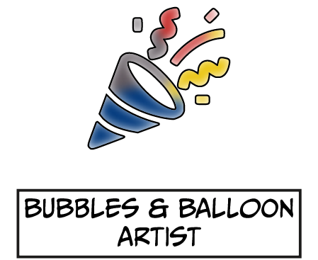 An icon of a confetti cannon, with the caption of Bubbles & Balloon Artist