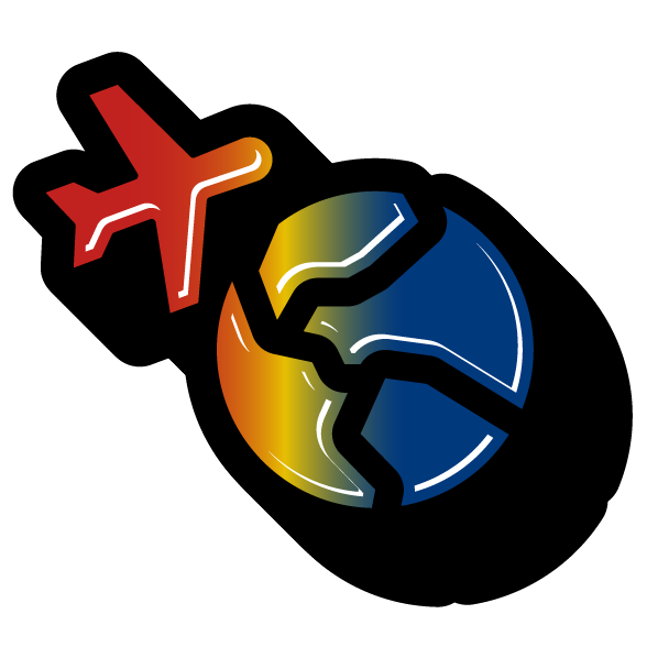 A colorful blocky image of an airplane next to a globe.