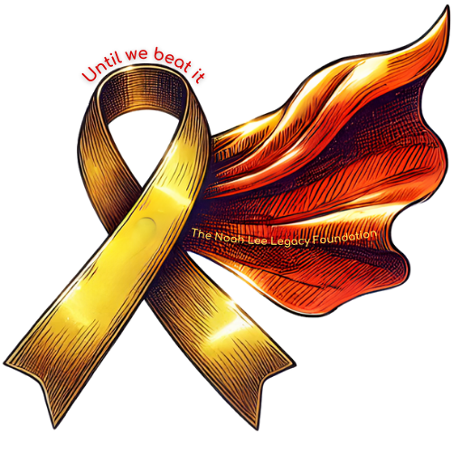 A golden ribbon, for childhood cancer, with a superhero cape. Text reads "Until we beat it" and "The Noah Lee Legacy Foundation"