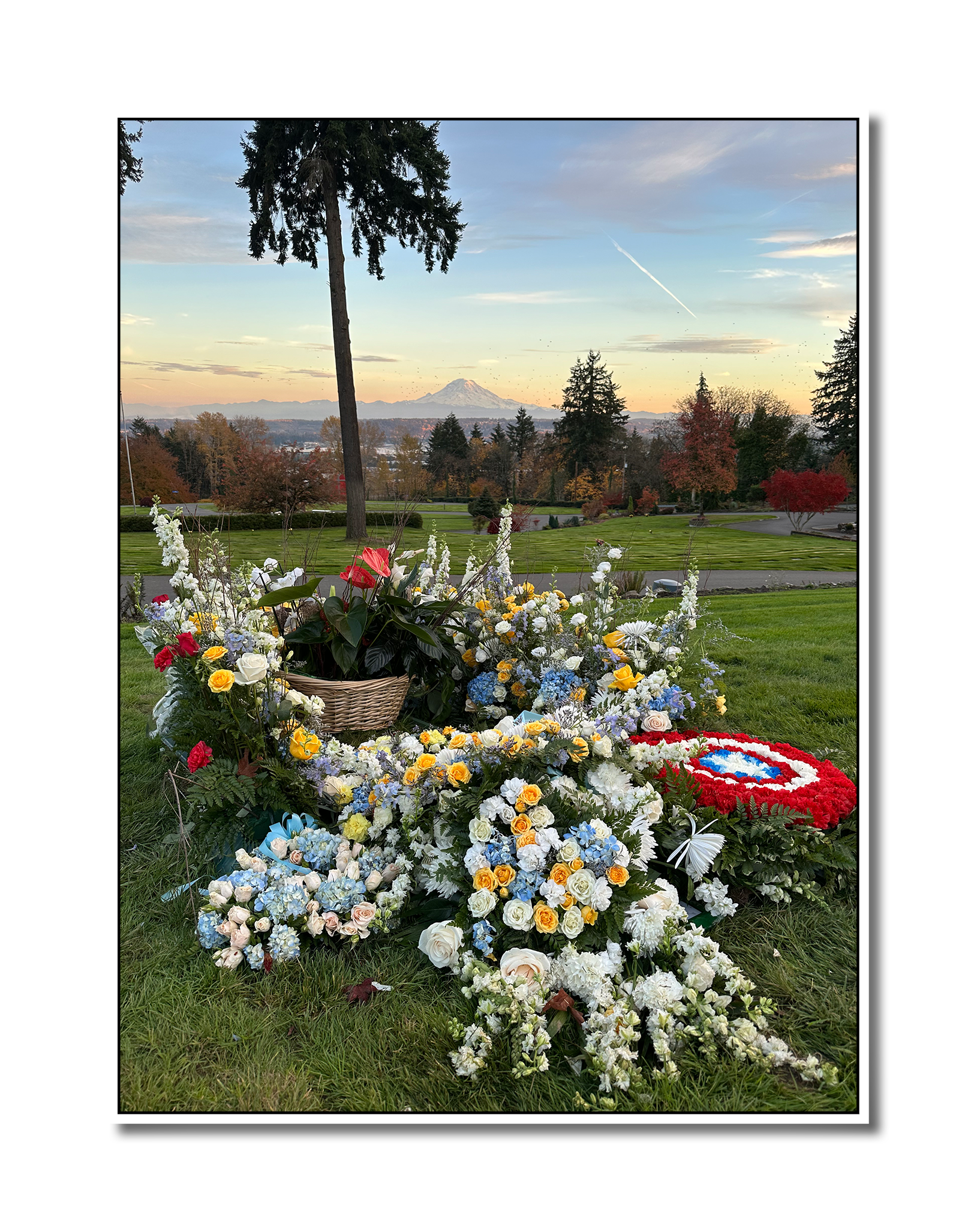 Photo of Noah's gravesite, adorned with flowers and a Captain America shield. In the background, Mt. Rainier adorns the horizon during early sunset.