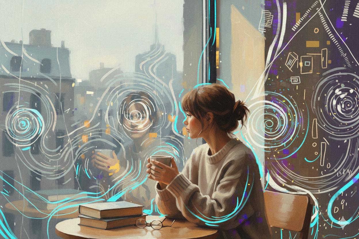 A young woman sitting at a table with a book, holding a cup, with a window behind her showing two people and a city skyline, all overlaid with digital, abstract swirl and data-like graphics.