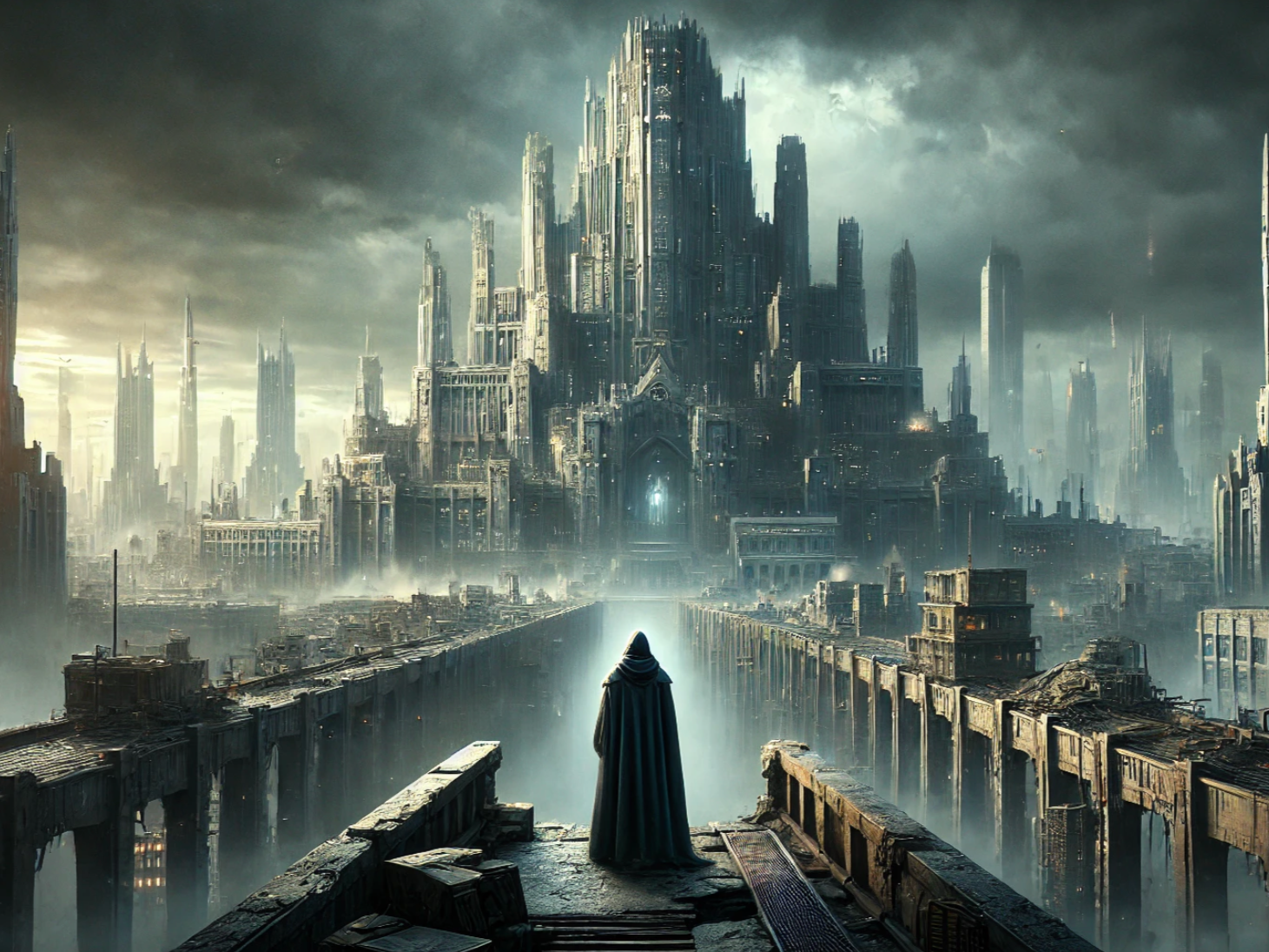 A lone figure in a dark cloak stands on a ruined bridge, overlooking a futuristic city with towering skyscrapers under a dark, cloudy sky.