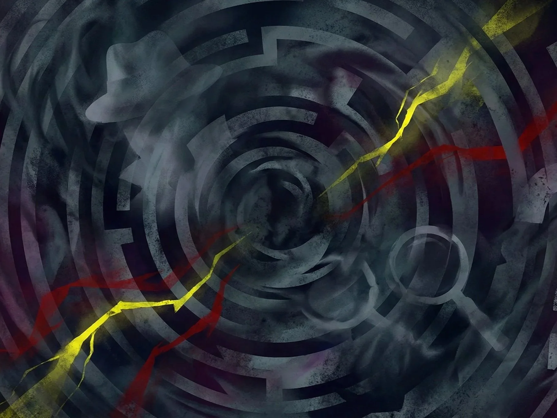 Abstract digital art featuring dark spiral pattern with yellow and red lightning-like streaks cutting through the center.