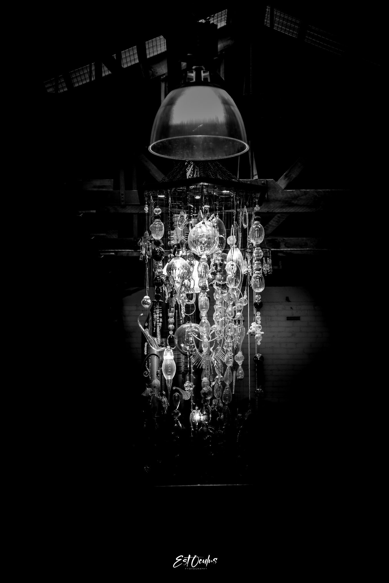 Black and white photo of an ornate chandelier with various glass ornaments hanging from it, illuminated from above by a large industrial-style lamp.