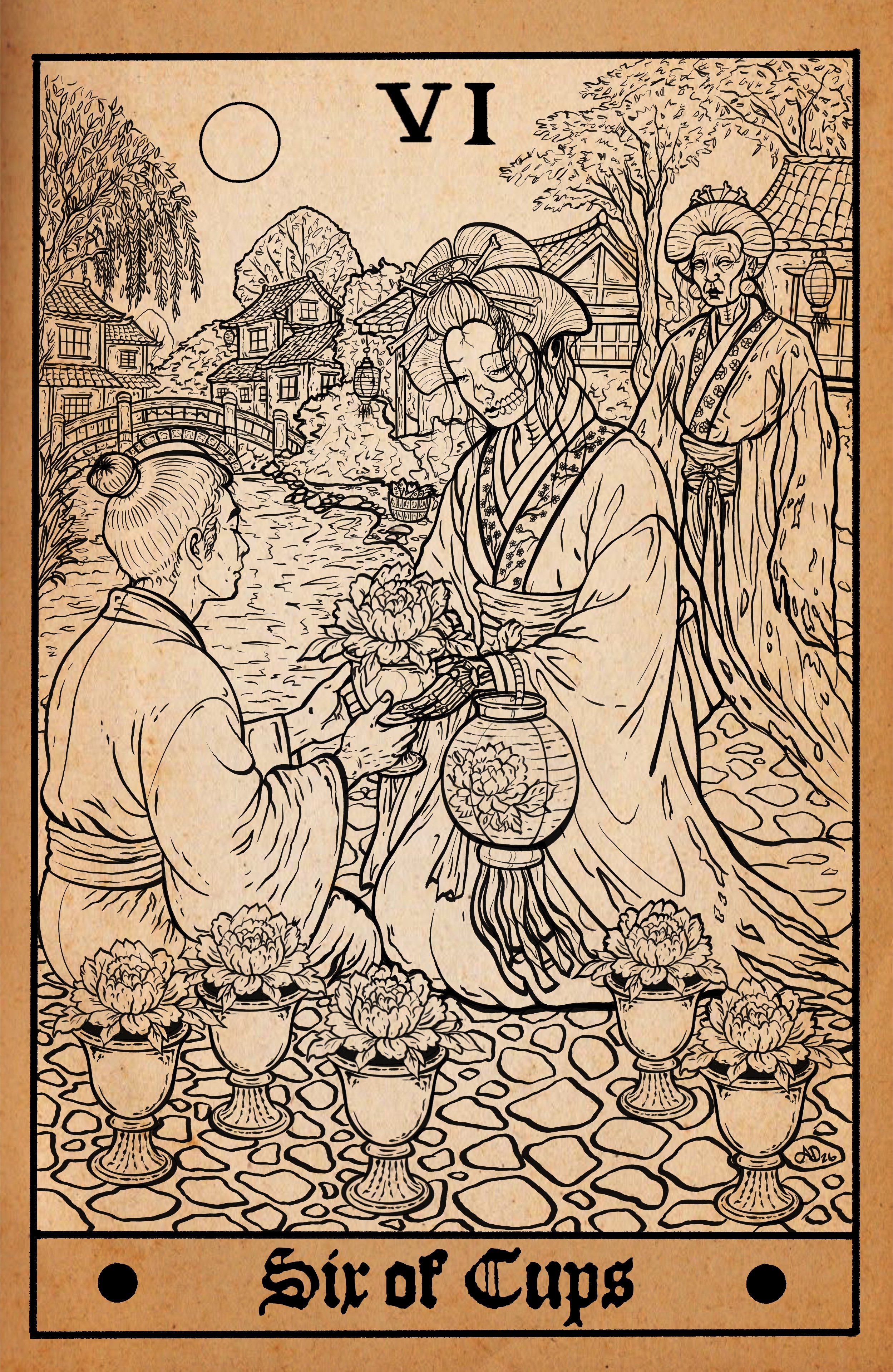 Six of Cups/Peony Lantern B+W