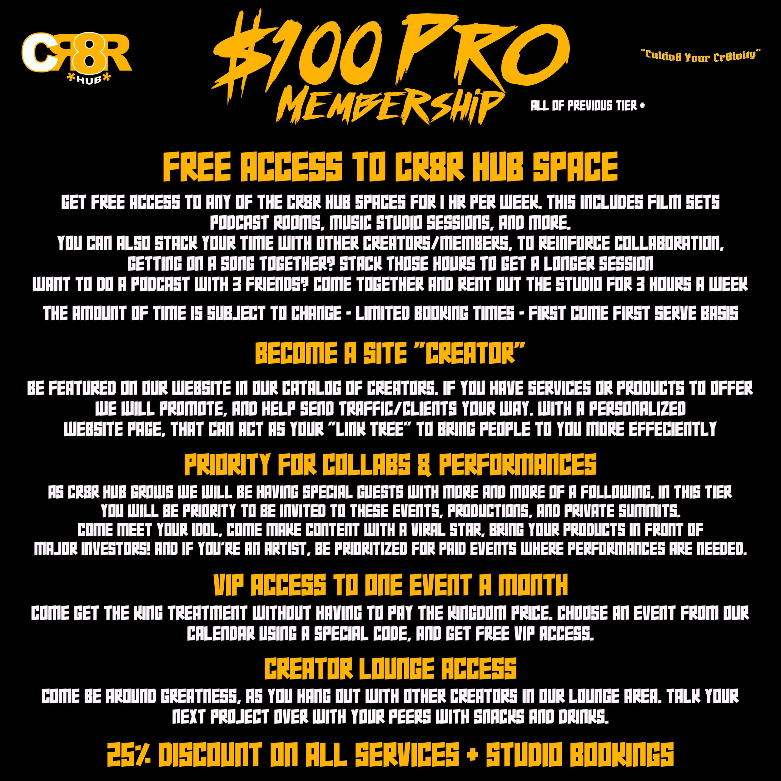 Text-based promotional poster for C8R Hub with details on membership tiers, benefits, and discounts, featuring bold yellow and white text on a black background.