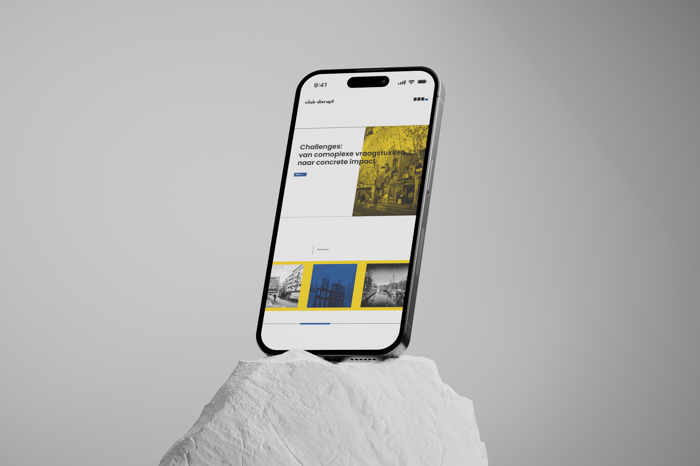 Smartphone displaying a website with sections in monochrome and yellow.