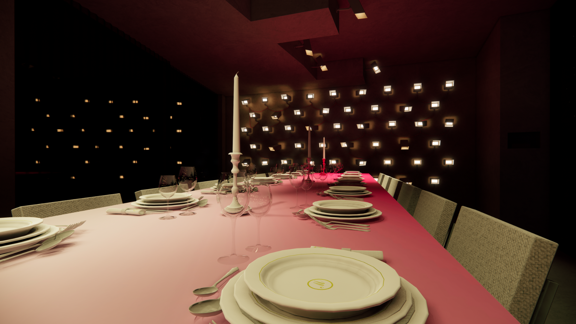 A luxurious table set for a formal dinner, with pink tablecloth, white plates, silverware, wine glasses, tall candles, and a modern art wall with small illuminated squares in a dark room.