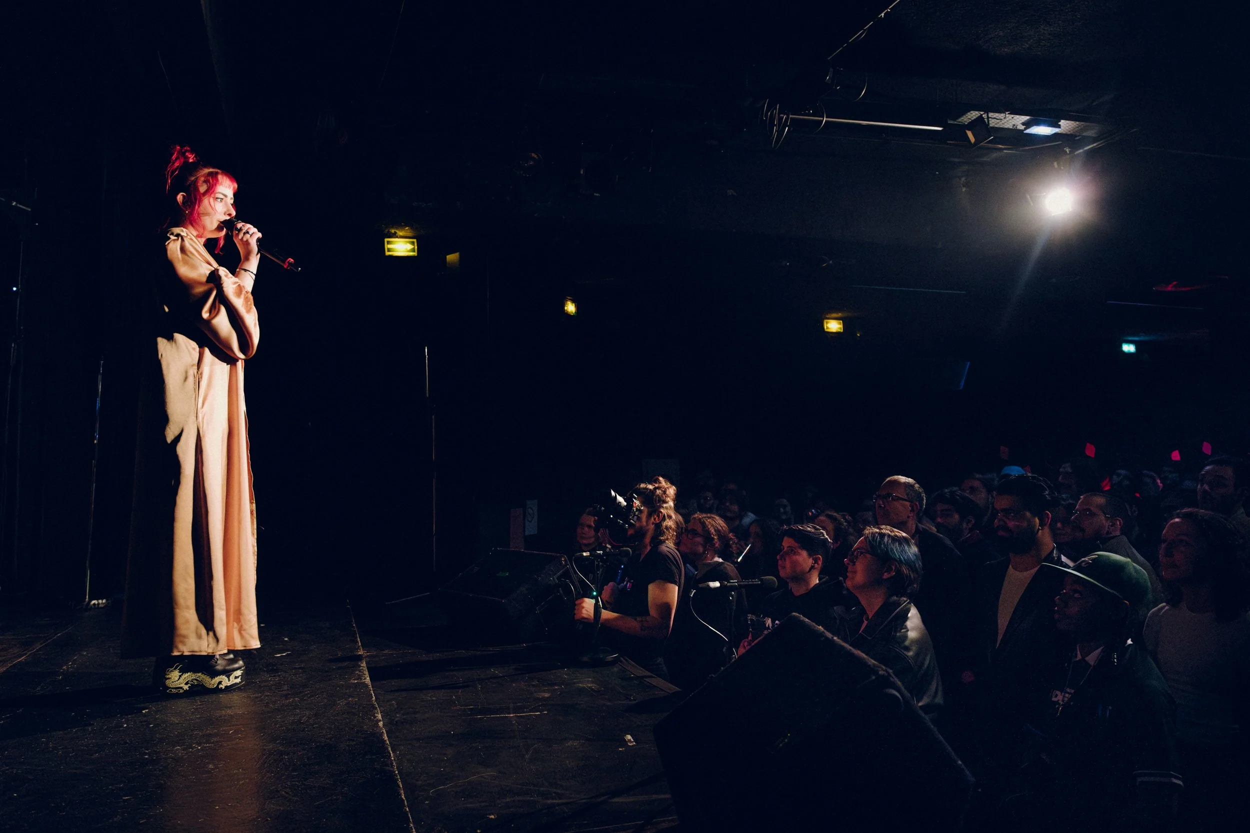 A performer with pink hair and beige clothing singing on stage while an audience watches in a dark concert venue.