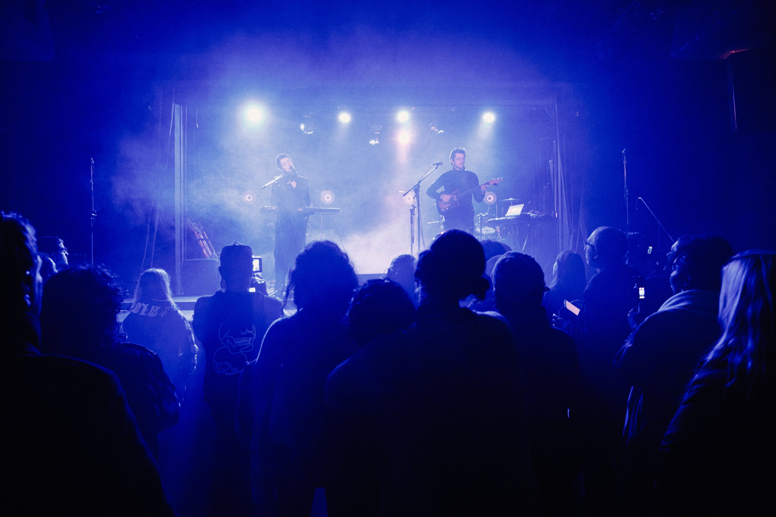 Concert scene with two performers on stage, one singing and one playing guitar, illuminated by blue stage lights, with an audience watching.