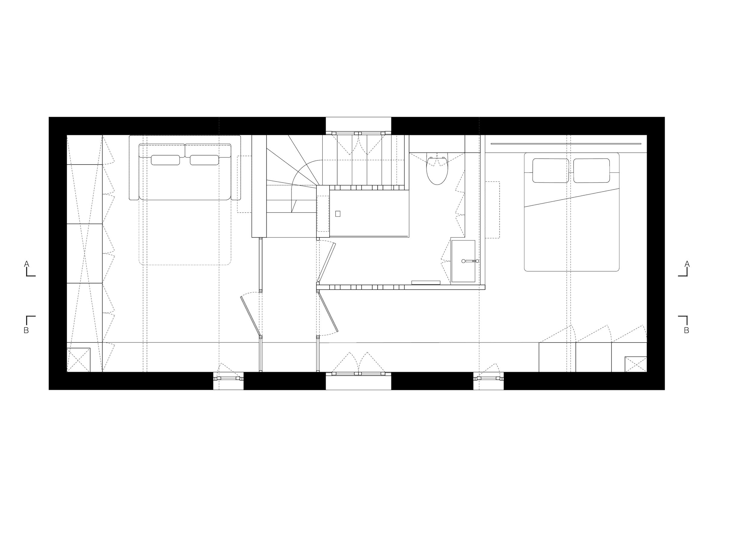plan projet étage sous-combles maison individuelle Carrières-sur-Seine deux chambre, chambre d'amis, salle d'eau avec douche et meuble vasque, sanitaire, mobilier sur-mesure, bureau, placard penderie, verrière pour lumière naturelle, paroi en briques