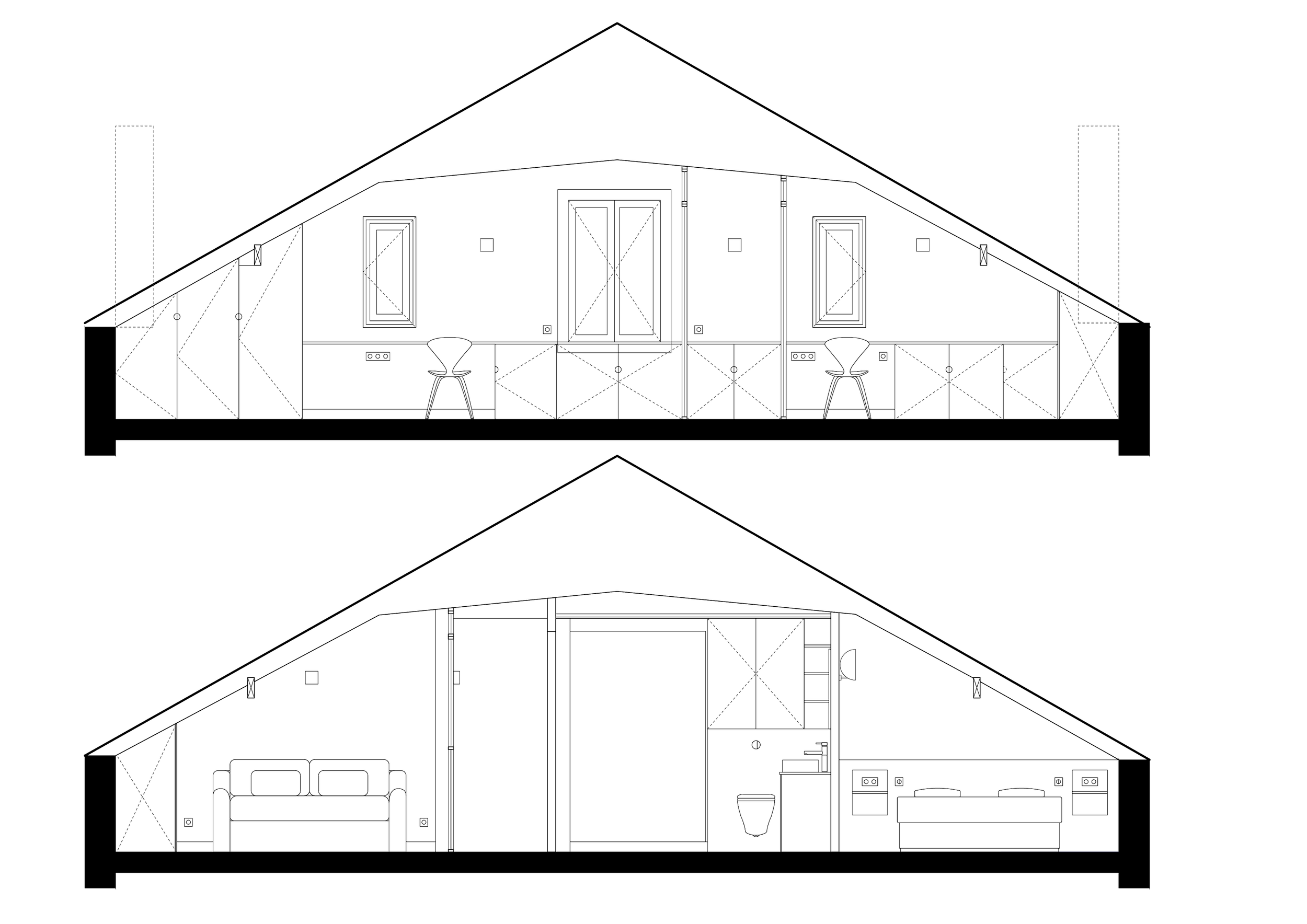 coupes projet étage sous-combles maison individuelle Carrières-sur-Seine deux chambre, chambre d'amis, salle d'eau avec douche et meuble vasque, sanitaire, mobilier sur-mesure, bureau, placard penderie, verrière pour lumière naturelle, paroi en briqu