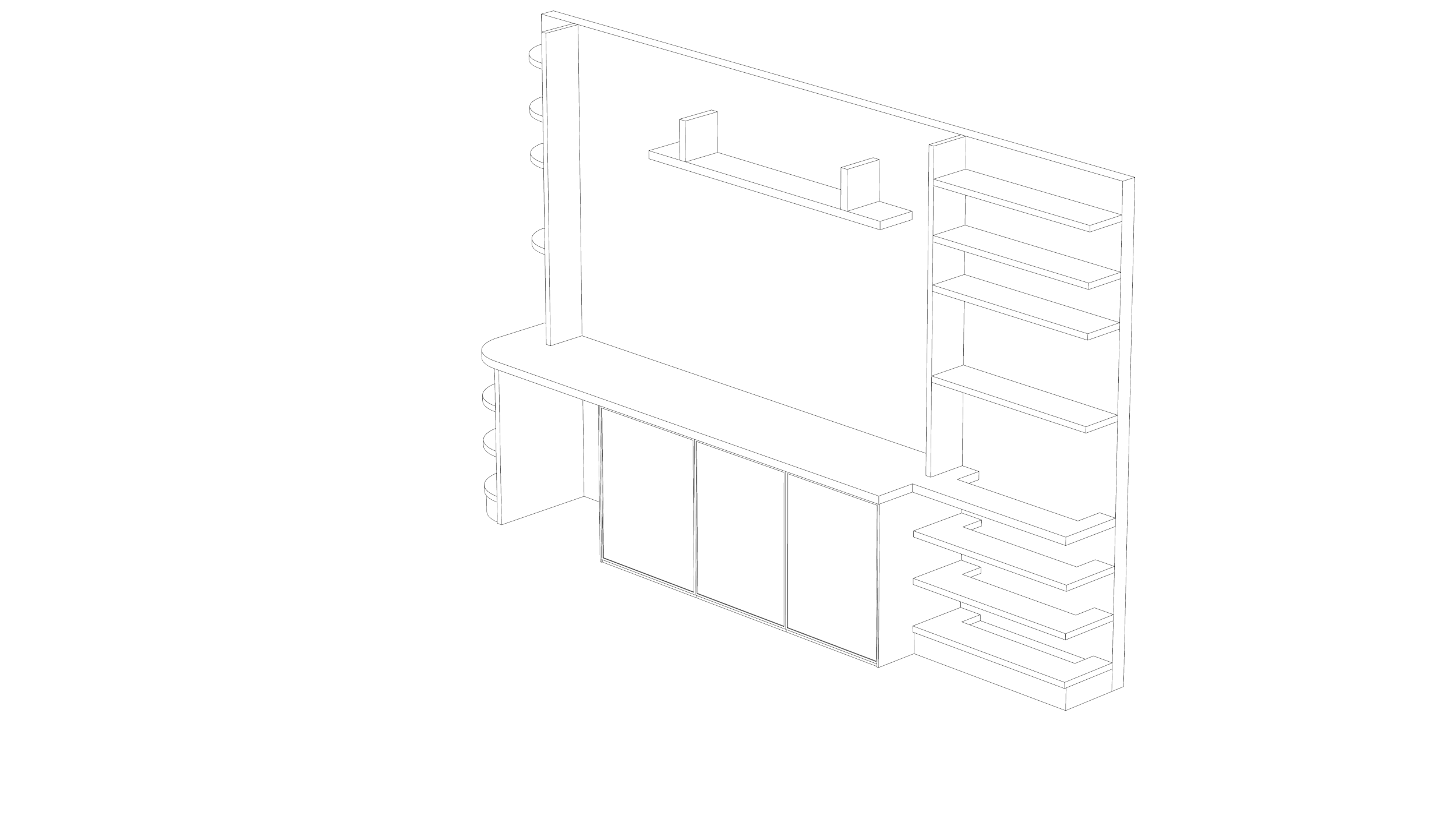 Meuble sur-mesure bois mélaminé plaqué chêne vernis en atelier, bureau, meuble TV, bibliothèque, étagère, rangement, placard, tiroirs, axonométrie, table etirable, meuble modulable, imprimante, table pour le repas