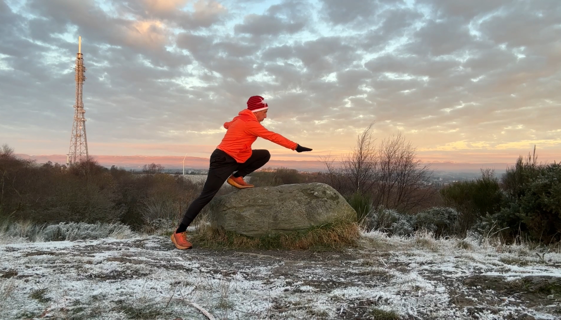 Steve improving his running on a rock on frosty ground