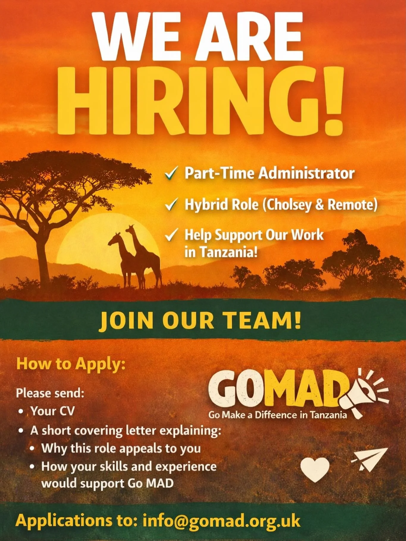 🌍 We&rsquo;re Hiring &ndash; Operations Administrator (Part-Time)

As Go MAD continues to grow, we&rsquo;re looking for a part-time UK Administrator to support our volunteer programmes and charity operations behind the scenes.

This role is ideal fo