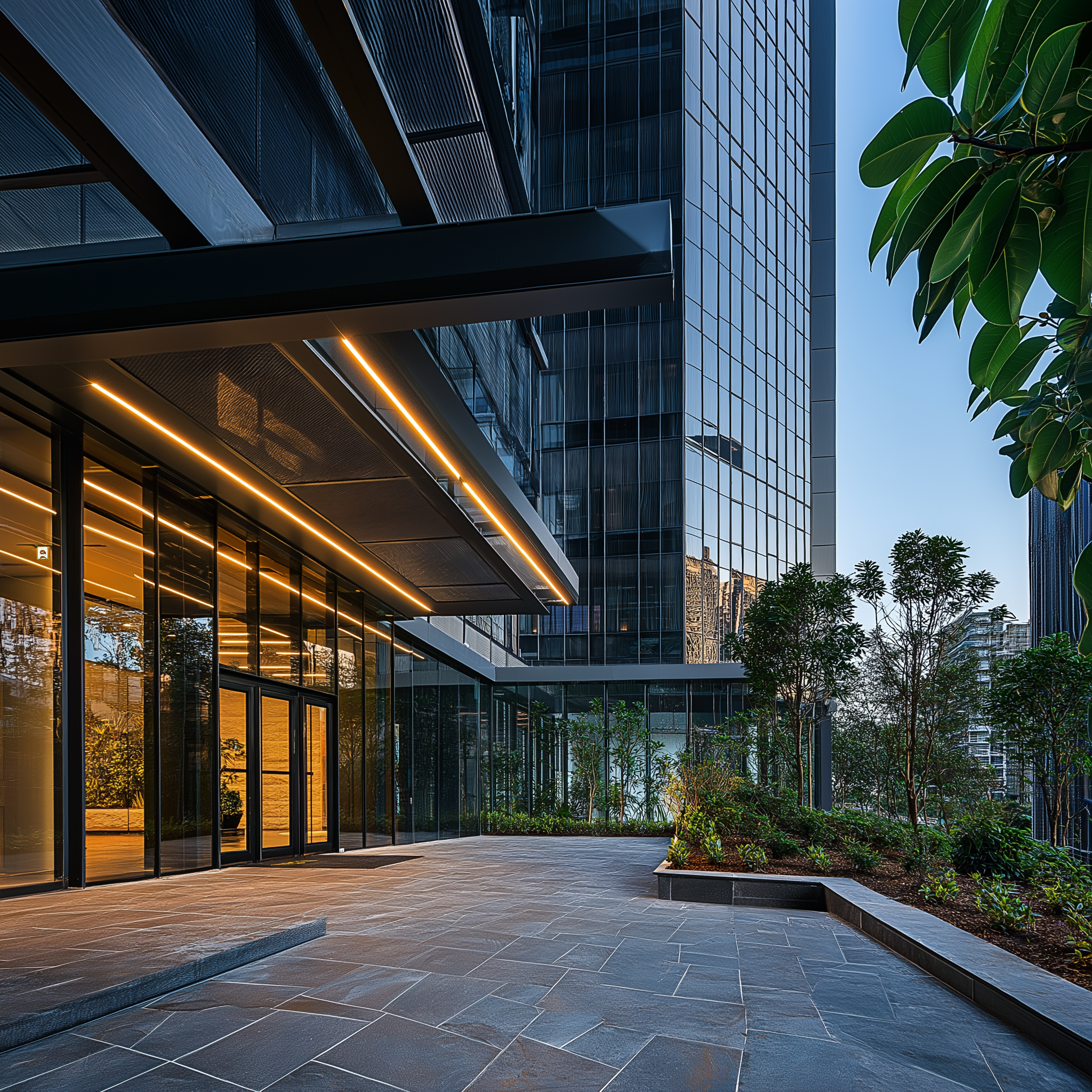 Modern building entrance with glass facade, illuminated by warm lights, surrounded by landscaped garden and stone pathway.
