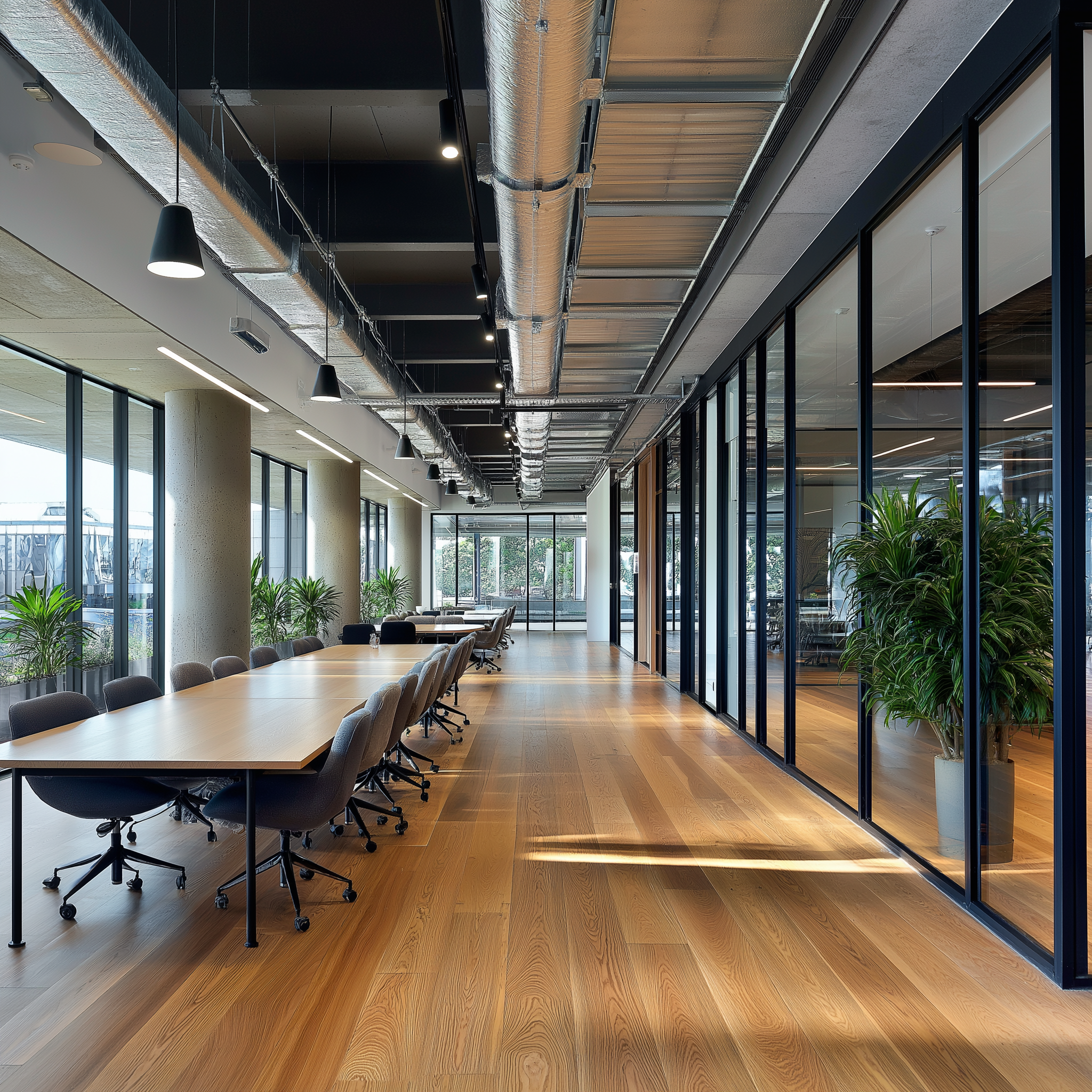 Modern office space with long wooden tables, ergonomic chairs, glass partitions, potted plants, and exposed ductwork.