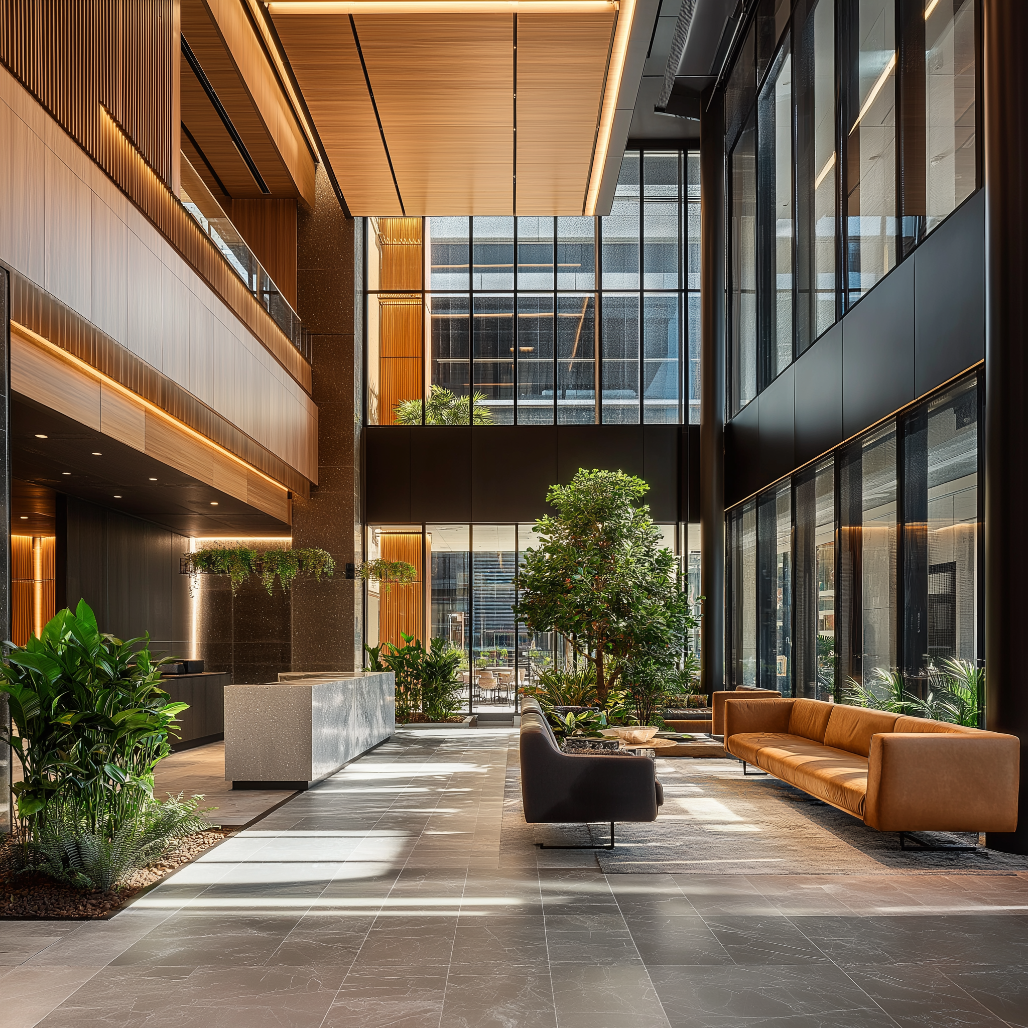 Modern office lobby with large windows, plants, and stylish furniture. Features a high ceiling with wooden panels and ample natural light.
