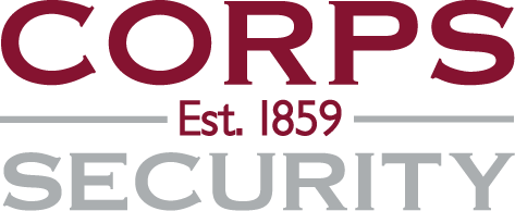 A logo with the word 'CORPS' in large maroon letters, 'Est 1859' in smaller pink text, and 'SECURITY' in large gray letters.