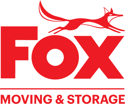 Red and black logo of Fox Moving & Storage featuring a leaping fox over the word "FOX" with "MOVING & STORAGE" underneath.